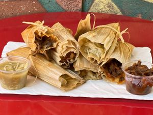 Holiday Season means Holiday Tamales. Available with Vegan Mushroom Carnitas or Chicken Chile Verde filing.  at Hugo's Tacos in Studio City