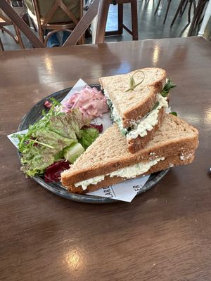 No egg mayo sandwich with coleslaw and side salad.  at Larder Café in Fort William