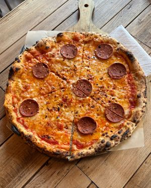 Vegan Pepperoni pizza  at Pizza by Vinnie - The Oil Basin Brewhouse in Worcester