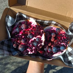 Blueberry schmear on poppyseed bagel at Milki & Miller in Boronia