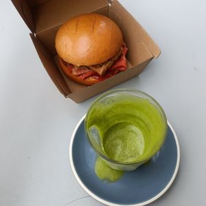 Vegan tofu and facon roll + matcha at Milki & Miller in Boronia