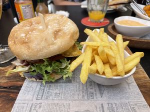 Vegan burger and chips  at Mar del Bies in Menorca