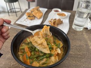 Nepalese Jhol momos - must try #Veganuary at Kyampa - The White Lotus Cafe in Lalitpur