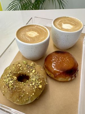 Coffee & Donut (€4.90 combo) - pistachio ring and crema catalana!   at Areca Bakery in Barcelona