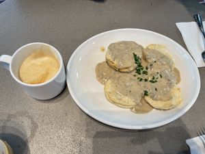 Biscuits and gravy with a vanilla coconut milk latte  at Looking Meadow Cafe in Maplewood