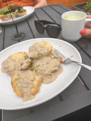 Matcha latte and biscuits and gravy   at Looking Meadow Cafe in Maplewood