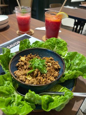 LAAB NAM TOK RM23
A mouthwatering fusion of plant-based meat, fresh herbs, and crunchy sticky rice powder, all beautifully nestled in baby gem cups
 at SAVOR in Kuala Lumpur
