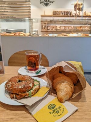 bagel with hummus, vegan croissants at Biokaiser in Frankfurt