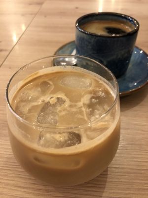 Iced americano with oat milk and americano   at Café Hin & Veg in Leipzig