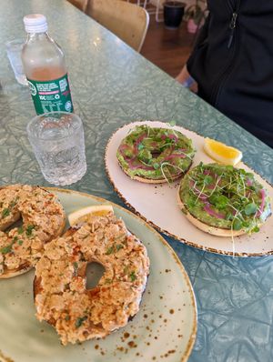 Chickpea smash + avo at Little Curious Bagels in Whanganui