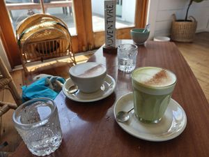 Spicy chai and matcha latte with oat milk at Little Curious Bagels in Whanganui