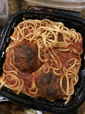 Spaghetti w seitan meatballs (don’t get this) at 3 Brothers Pizza Cafe in Farmingdale