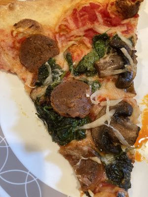 Pepperoni, mushrooms, spinach  at 3 Brothers Pizza Cafe in Farmingdale