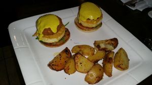 Vegan crab cakes with hollandaise at 3 Brothers Pizza Cafe in Farmingdale