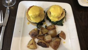 Crab cake eggs Benedict (vegan) at 3 Brothers Pizza Cafe in Farmingdale
