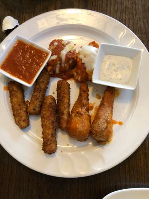 Appetizer trio- Eggplant rollatini, Buffalo drumsticks, Zuchinni sticks  at 3 Brothers Pizza Cafe in Farmingdale