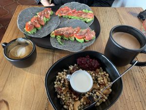 Granola bowl, blue tacos, flat white and hot chocolate    at Inina in San Cristobal De Las Casas