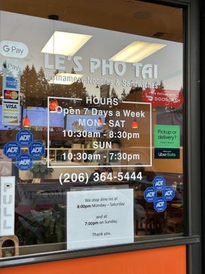 Hours  at Le's Pho Tai Vietnamese Noodles & Sandwiches in Shoreline