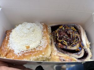 Left: coconut roll (not vegan) Right: blueberry roll  at Cinnamood  in Luxembourg City