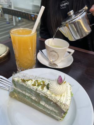 Blossom tea, fresh orange juice, pistachio cake   at Caffe Concerto in Birmingham