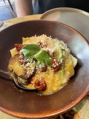 Aubergine and pepper ravioli   at Vegitalian in Amsterdam
