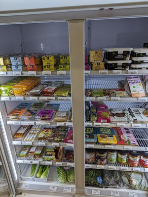 Tofu, meat alternatives, kimchi and salad at The Wee Pantry in Edinburgh