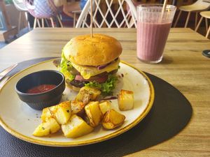 The Unexpected Vegan Burger (you can choose Seitan or a Mushroom based burger) Yum! at Keyzen Healthy Life in Malaga
