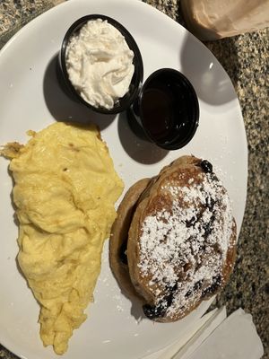These protein oat pancakes were insane!!! Fresh blueberries & walnuts in the pancakes. They were absolutely amazing! I had a Just Egg on the side, prepared perfectly. YUM!!!!!!!!!  at Silver Diner - BWI Airport in Baltimore