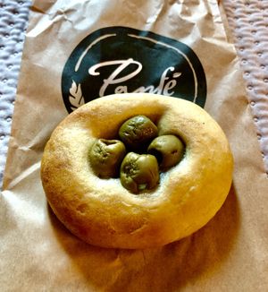 Mini olive focaccia   at Panfé in Bologna