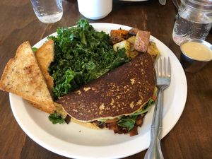 BLT Omelet with side of cashew cheese sauce. Delicious! at From Seed to Sprout in Avon By The Sea