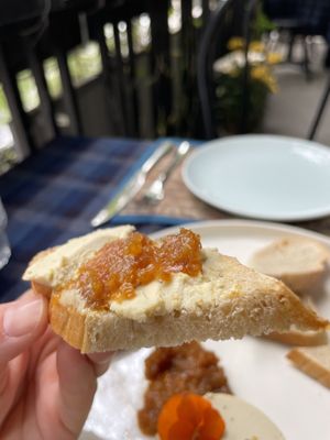 Homemade bread with jam and faux gras   at La Vegarie in Hanoi