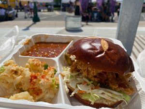 Shroom burger, baked beans, and potato salad at Soulistic Vegan in Schenectady