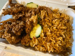 Spanish rice with fried mushrooms at Soulistic Vegan in Schenectady