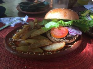 hamburger vegan with fries at Yerbabuena del Sisal in Valladolid