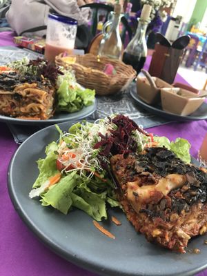Delicious vegan lasagna with salad  at Yerbabuena del Sisal in Valladolid