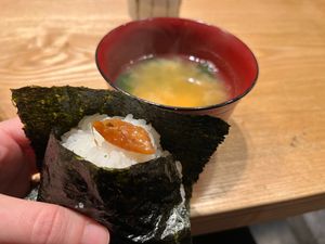 pickled plum onigiri and miso soup at Nigirimeshi Ginka in Morioka