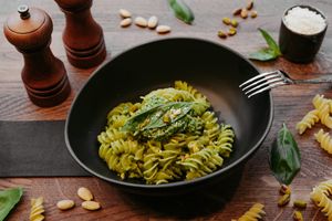 Fusilli Pasta with a green pesto, based on fresh basil and pistachio. Just unreal. at Primo Pasta Amsterdam in Amsterdam