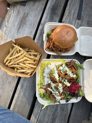 Burger small fries and rice bowl  at Chickpea Food Truck in Vancouver