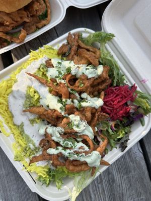 Calamari rice bowl  at Chickpea Food Truck in Vancouver