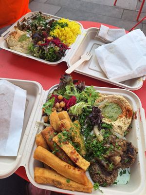 Chickebab platter and Sharwarma rice platter at Chickpea Food Truck in Vancouver