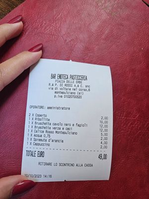 The bill.. pricy but very delicious at Bar Enoteca Pasticceria in Montepulciano