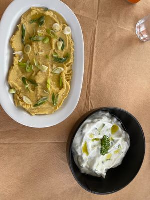 Fava bean humous and vegan tzatziki  at Grill House Temptation - Ψησταριά Μπυρασμός in Rhodes
