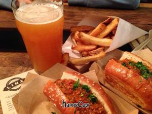 vegan chili dogs with pretzel rolls, frites and a thunderweisen  at Linx in Orange