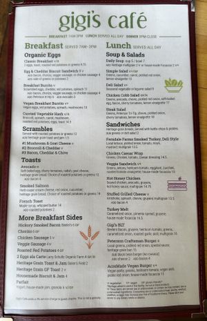 Menu. Vegan options well marked    at Gigi's Cafe in Minneapolis