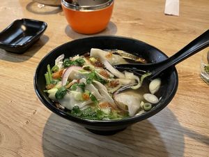 Dumpling soup (with added home made chilli sauce)  at EatHappy Vegan - Rosenhoff in Oslo