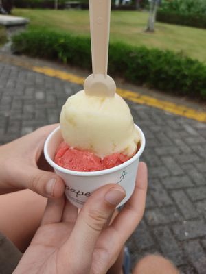 Vegan passion fruit and strawberry at Amorini Heladaria in La Fortuna