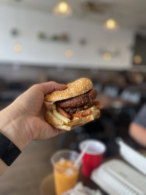 Backyard BBQ Burger: bacon was almost like spam fries, onion rings were wilted, only tasted BBQ sauce  at The Happy Hooligans in San Jose
