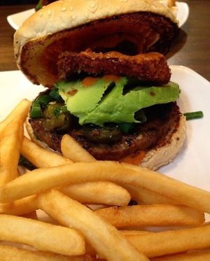 Red Rooster (spicy burger) with fries  at The Happy Hooligans in San Jose