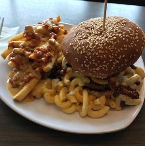 BBQ, Mac and Cheese, onion ring burger with chili cheese fries at The Happy Hooligans in San Jose