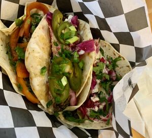 L to R: BnP Taco (w/ no egg), Tiki Taco, Avocado Taco  at Front Yard Tacos in Mobile